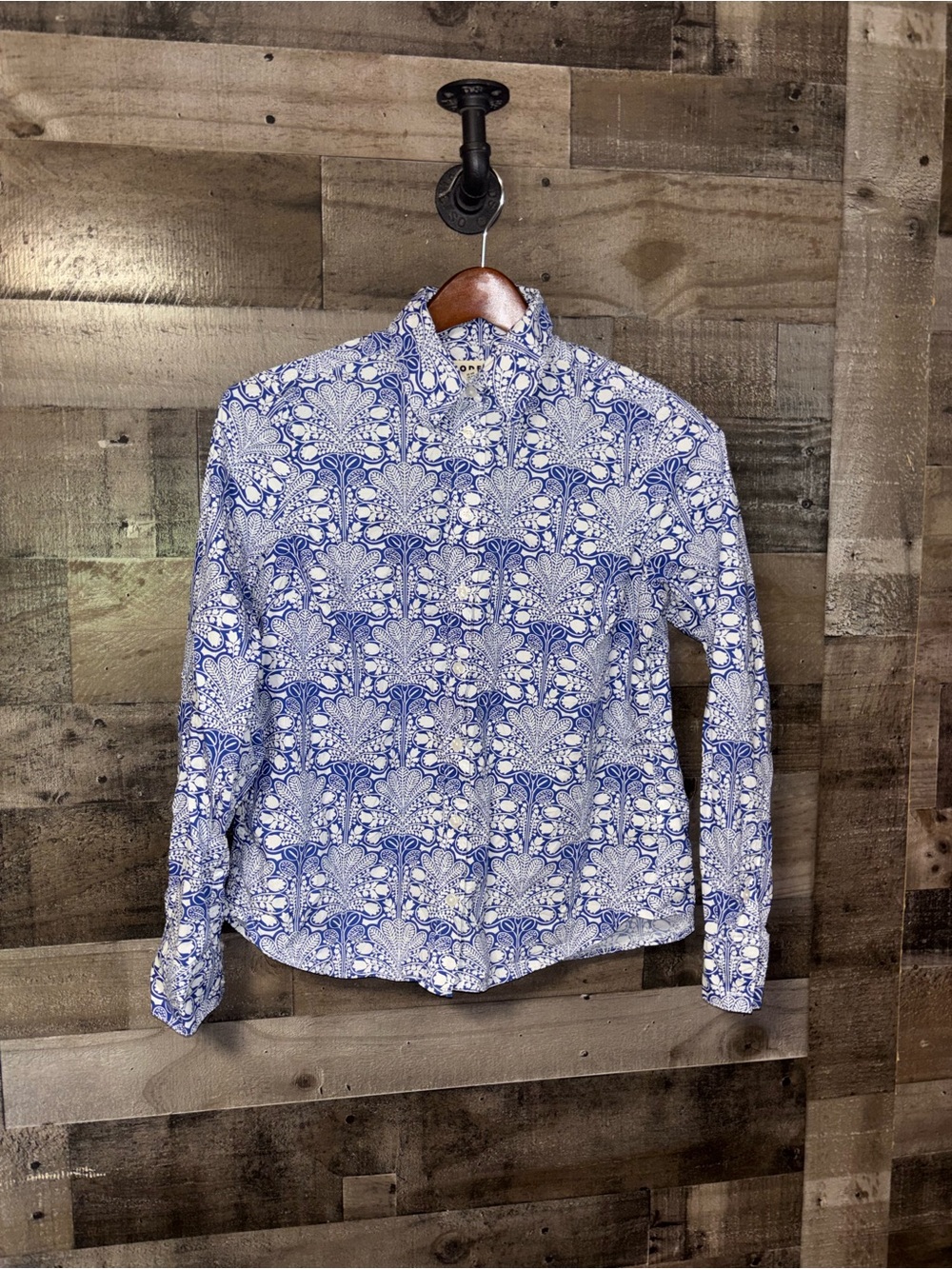 Boden Blue and White Floral-Pattern Button Down 100% Cotton Blouse 6R